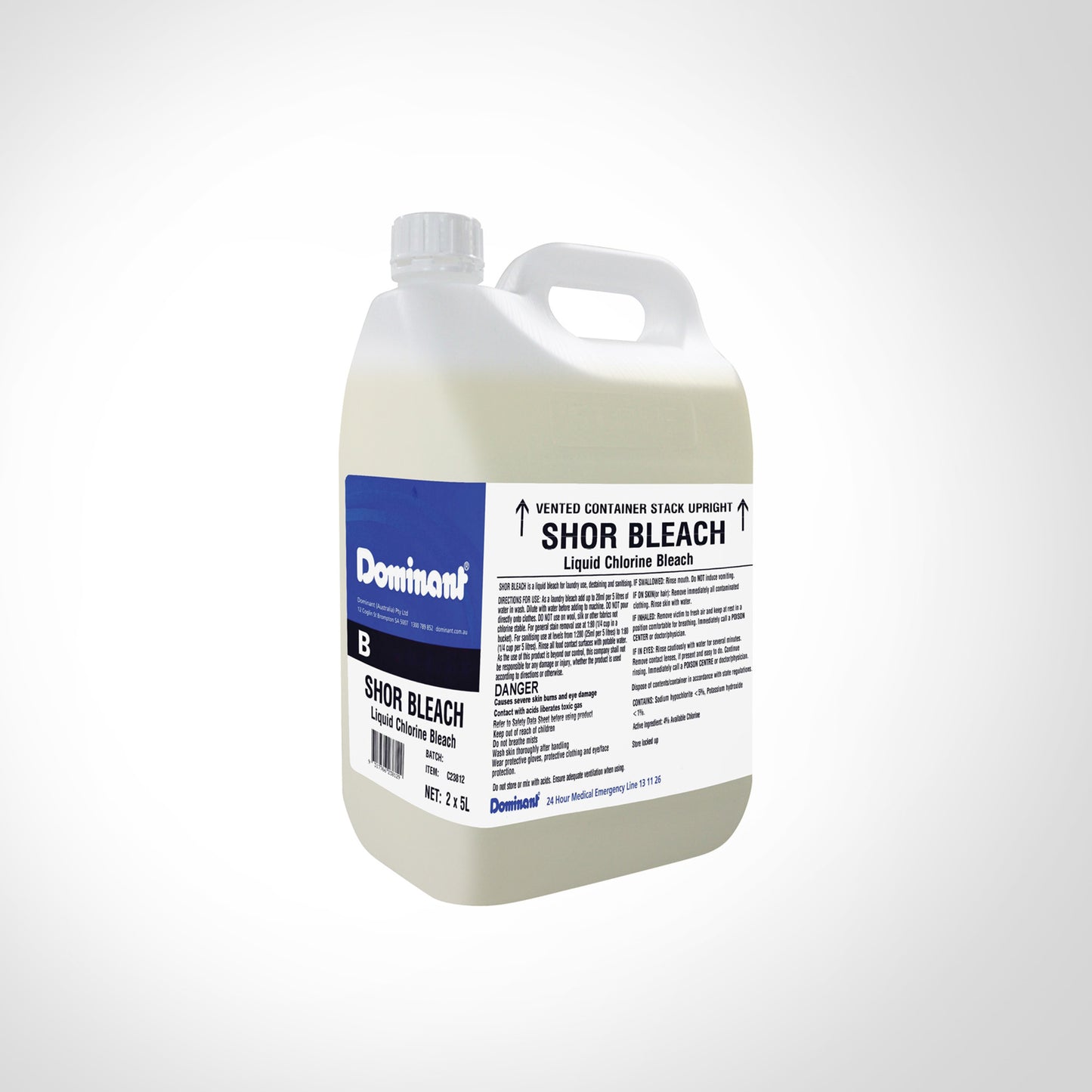 Dominant Shor Bleach Liquid Chlorine Bleach 2 x 5L